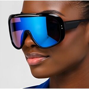 Shield Sunglasses Blue Mirrored Lens Oversized Fashion‎ Statement Lentes Gafas
